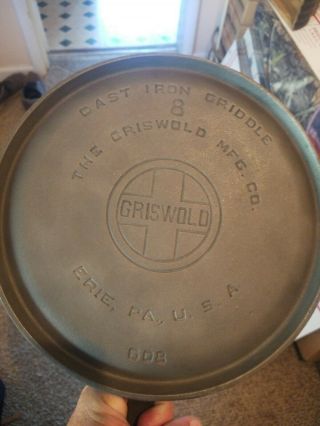 Griswold Cast Iron Griddle No.  8 Erie Pa.  608 Large Block Logo