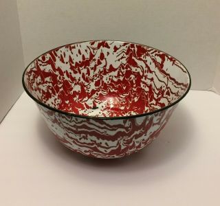 Vintage Red White Swirl Graniteware Large Bowl 12 " Wide 5 7/8 " Tall