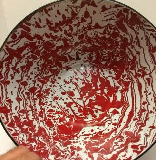 Vintage Red White Swirl Graniteware Large Bowl 12 