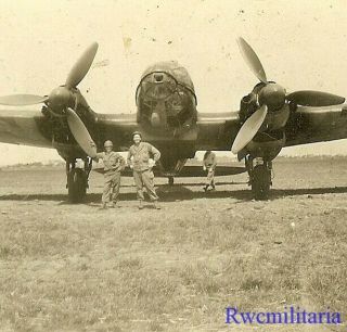 Org.  Photo: Us Troops W/ Captured Luftwaffe He - 111 Bomber (sm,  Em) On Field (2)