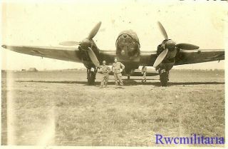 Org.  Photo: US Troops w/ Captured Luftwaffe He - 111 Bomber (SM,  EM) on Field (2) 2