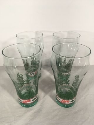 Vintage Set Of 4 Coca Cola Christmas Holiday Pine Tree Holly Drinking Glasses 6”