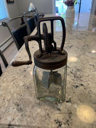 Vintage Butter Churn/mixer Hand Wood Crank 1 Quart Glass Jar,  Metal Blades