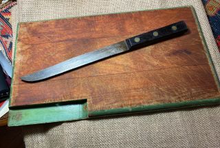 Very Old Wooden Bread Board W/ Slide - In Old Serrated Knife;green Paint On Border