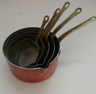 Set Of 5 Vintage Bazar Francais Copper,  Tin And Brass Sauce Pans Made France