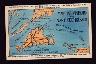 Old Vintage Postcard Of Marthas Vineyard And Nantucket Islands Ma Map