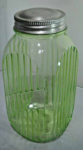 Vintage Vaseline Green Depression Glass Ribbed Jar With Lid