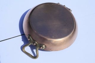 Vintage Round Copper Frying Pan Au Gratin Tin Lined Stamped Bronze Handles 6.  3in