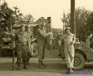 Good View Us Troops On German Street W/ Willys Jeep & Truck; PlÖtz,  Germany 1945