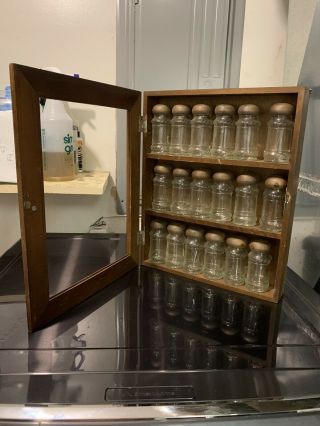 Vintage Wood Spice Jar Cabinet Rack Set 18 Glass Bottles Jars Wooden Kitchen