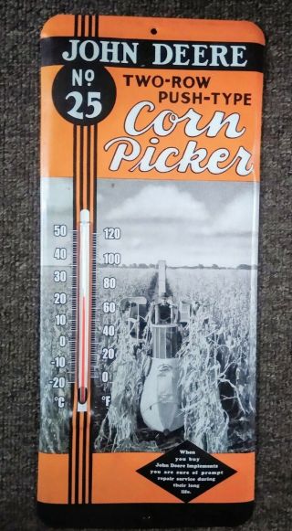 Rare John Deere " No 25 2 - Row Corn Picker " Metal Thermometer.