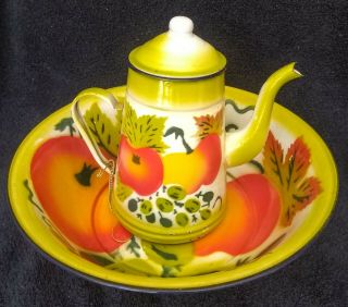 Vintage Porcelain Enamel Metal Teapot & Bowl Set W/ Tomatoes &