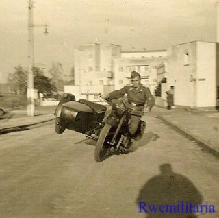 Show Off Luftwaffe Kradmelder Riding His Motorcycle W/ Wheel Off The Road