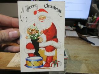 Old Antique Victorian Era Merry Christmas Postcard Santa Claus Toys Doll Drum