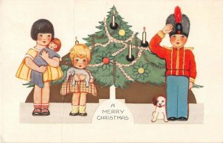 Old Art Deco Whitney Christmas Pc - Decorated Tree,  Cute Children With Puppy & Dol