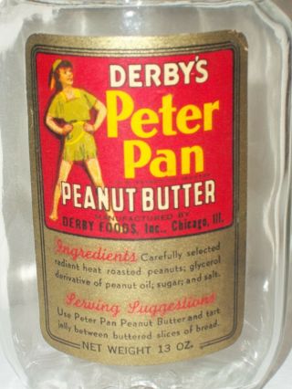Peter Pan Peanut Butter 13oz 1930s - 1940 Glass Jar Boy Derby Paper Label