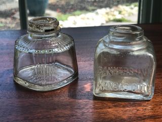 2 Vintage Square Glass Ink Wells Bottles - Bankers Ink Kansas City & Parker 