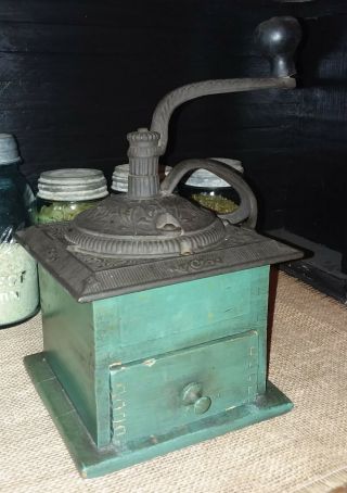 Antique Wood Cast Iron Box Coffee Mill Grinder With Drawer Green Aged Paint