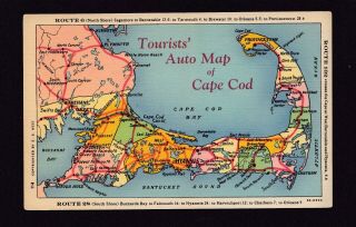 Old Vintage Postcard Of Cape Cod Ma Tourist Auto Map