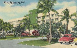 Vintage Florida Linen Postcard Key Biscayne Hotel Miami Old Cars