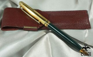 Colibri Forest Green & Gold Toned Pen With Green Stone Tip & Leather Case