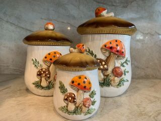 Vintage 1970’s Merry Mushroom Ceramic Kitchen Canisters,  Set Of 3
