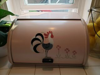 Vintage Metal Ransburg Bread Box Hand Painted Pink Rooster Roll Top Door