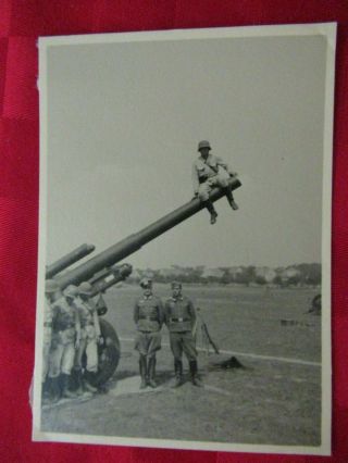 Wwii German Photo Combat Soldier Sitting On 15.  5 Cm Barrel