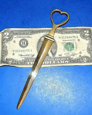 Vintage Solid Brass Letter Opener With Heart Handle