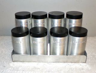 Set 8 Vtg Kromex Spun Aluminum Spice Jars With Rack Mid Century Modern Mcm