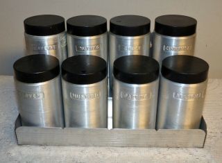 Set 8 Vtg Kromex Spun Aluminum Spice Jars with Rack mid century modern MCM 2