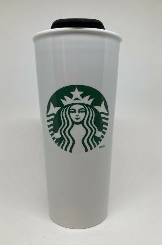 Starbucks 2014 Large 16 Oz Ceramic Travel Mug White Green Mermaid With Lid