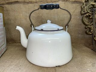 Vintage White With Blue Trim Enamel Tea Coffee Pot Kettle Black Wood Handle