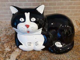Ceramic Tuxedo Cat Cookie Jar / Black White Sitting / Large 7 " By 12 " ☆