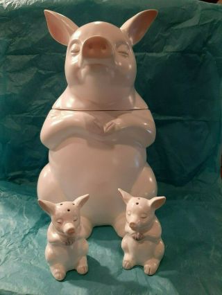 Lord And Taylor White 12 " Ceramic White Pig Cookie Jar W/salt And Pepper Shakers