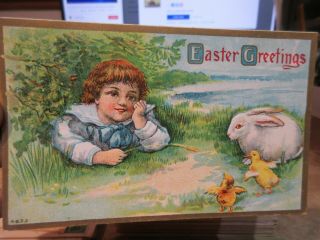 Old Postcard Victorian Era Happy Easter Sunday Bunny Rabbit Baby Chicks Boy Blue