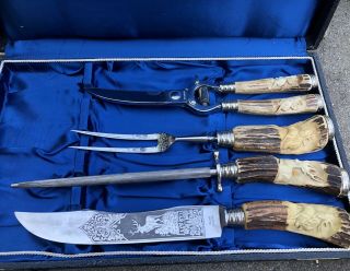 Solingen Stag Carving Knife,  Fork,  Poultry Shears,  Sharpener Set In Case
