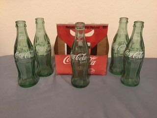 5 Vintage Coke Green Glass Bottles 6 1/2 Oz Bold Script Print Coca Cola