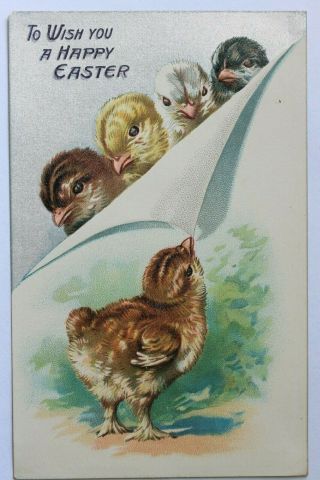 Old Raphael Tuck Embossed Postcard To Wish You A Happy Easter,  Chicks,  Chickens