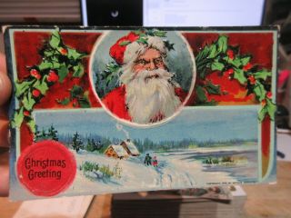 Old Antique Victorian Era Merry Christmas Postcard Santa Claus Kids In Snow Ivy