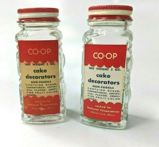 2 Vintage Cake Decorations Containers Glass Bottle Co - Op Green And Rainbow