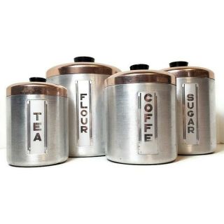Vintage Maid Of Honor 1950s Aluminum 4 Piece Canister Set With Copper Toned Lids