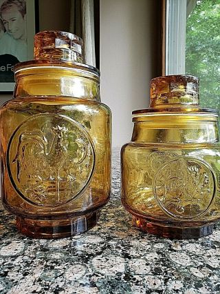 Vintage Set (2) Wheaton Amber Glass Canisters Storage Jars Rooster Sun Usa