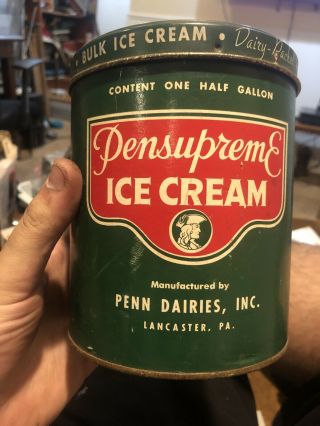 Vintage Paperboard Tin Pensupreme Ice Cream Container Penn Dairies Lancaster Pa