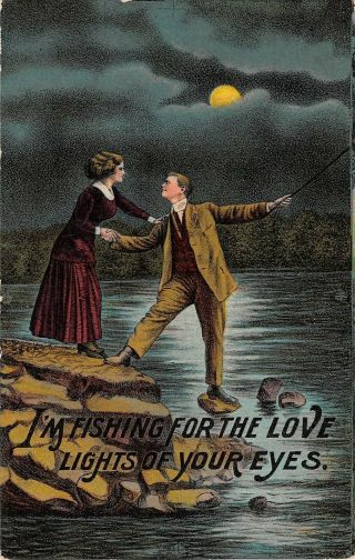 Moon Shining On Lovers - Old Postcard - I 