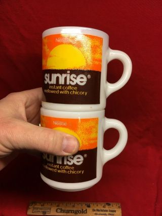Set 2 Vintage Nestle Sunrise Instant Coffee Milk Glass Coffee Mug Cup Exc 1970s