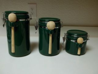 Stoneware Green Locking Canisters With Wooden Spoons Set Of 3