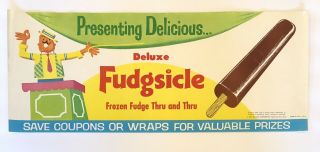 Vintage Ice Cream Store Advertising Litho Paper Sign 1965 Fudgsicle 8 X 20”