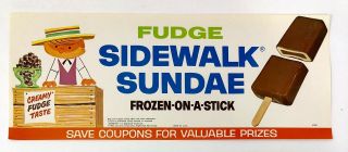 Vintage Fudge Sidewalk Sunday Ice Cream Store Advertising Litho Paper Sign 1964