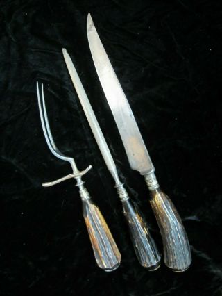 Lamson & Goodnow Stag Antler Bone Meat Carving Set Knife Fork Sharpener Sterling
